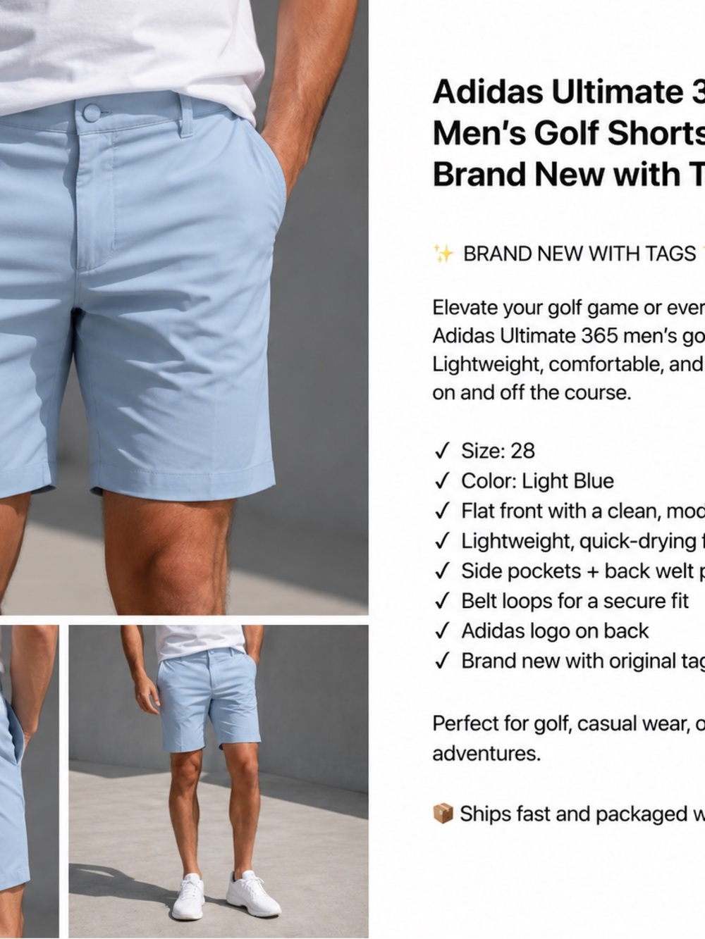 adidas Men’s Light Blue Flat-Front Golf Shorts